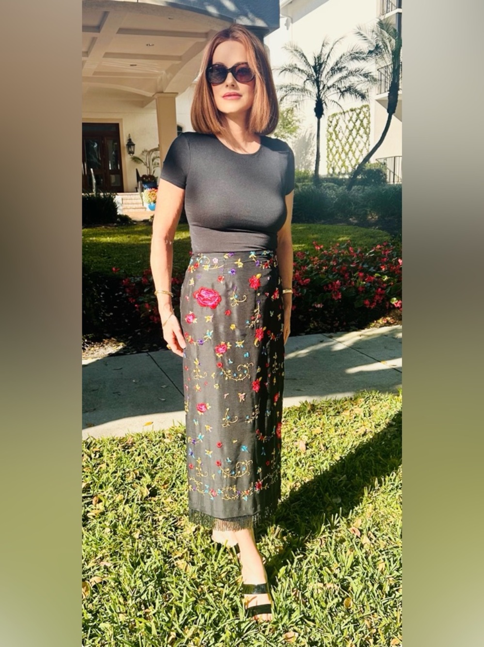 Vintage 90’s CLIO Silk Maxi Skirt 4 Black Floral Embroidered Fringe Whimsy Fairy - Picture 2 of 9